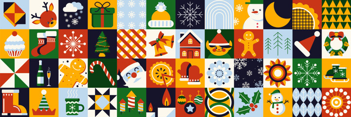 Set of 48 icons related to Christmas and New Year. A large icon collection. Mosaic style. Winter vector illustration	 - obrazy, fototapety, plakaty