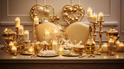  a table topped with lots of candles next to a table covered in plates and vases filled with white flowers.