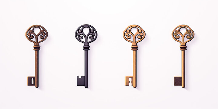 Banner with house keys close-up isolated on white background for buying, renting an apartment, a house. Concept for housewarming, real estate sale, construction