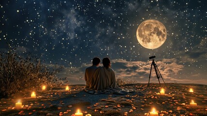 young couple looking out to romantic night sky in valentines day pragma - obrazy, fototapety, plakaty