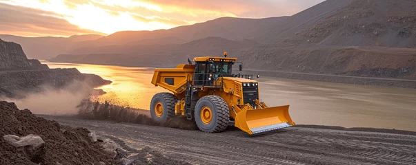 Foto op Plexiglas Bulldozer machine on a dirt terrain at sunset © piai