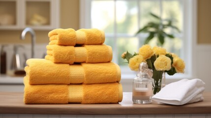  a stack of yellow towels sitting on top of a counter next to a vase with yellow flowers and a bottle of deodorant.