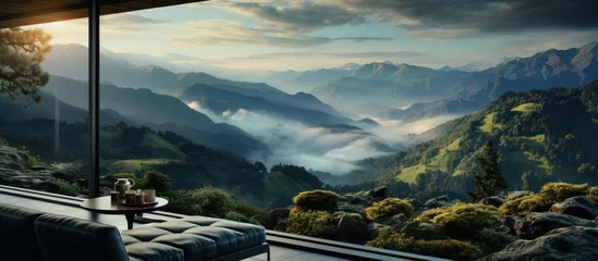Fotobehang large windows with beautiful views of misty hills and sunsets © GoDress