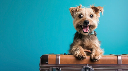 Happy dog sitting on suitcase on blue background, banner, space for text. Generated AI
