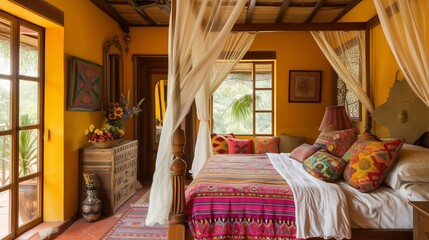 Obraz na płótnie Canvas A Boho-chic bedroom with a canopy bed, layered textiles