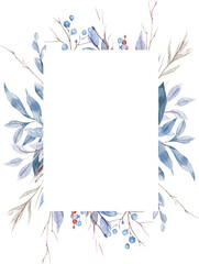 Fototapeta na wymiar Watercolor Frame Of Blue Plants And Berries