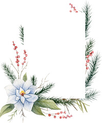 Watercolor Winter Frame Of Spruce, Berries and Flowers