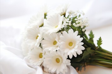 Fototapeta na wymiar Beautiful kitchen table decorated with elegant white daisies - perfect for added text or branding
