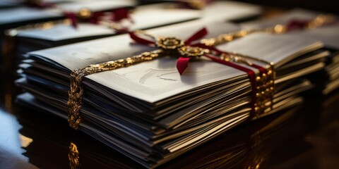 Stacked wedding invitations with red ribbon and golden ornamental tassels on top