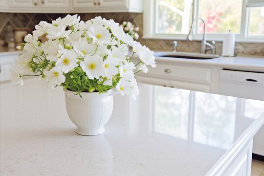 Kitchen table adorned with a beautiful bouquet of white daisies - high-quality stock photo