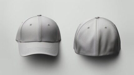  a white baseball cap and a white baseball cap on top of a white surface with a shadow of the cap on the left side of the cap.