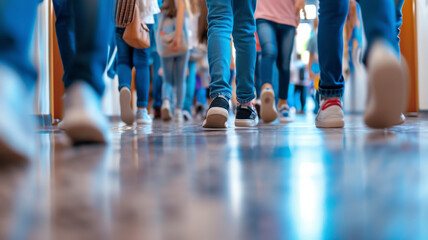 Floor eye view of a school corridor and close up of children's shoes walking to class