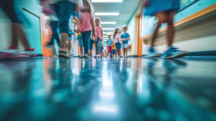 Floor eye view of a school corridor, full of blurred children