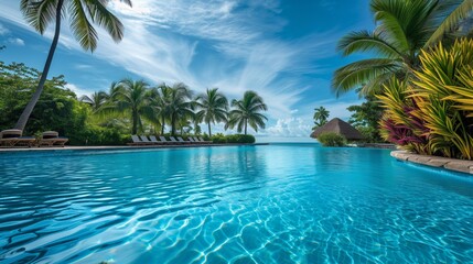 swimming pool in tropical park, luxury resort