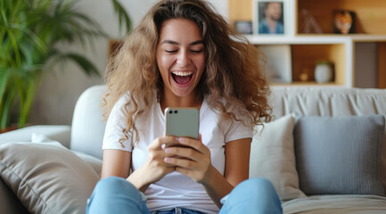 Younge Caucasian happy girl playing on smartphone apps, betting money online and shopping online