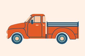 Red american pickup truck. Vector minimalist illustration in flat style. Cute clip art with car, vehicle, transport. 