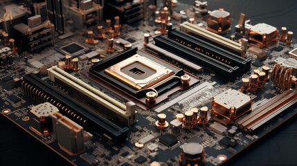 Fototapeta premium Close-Up of Computer Motherboard Revealing Intricate Circuitry and Components. Generative AI.