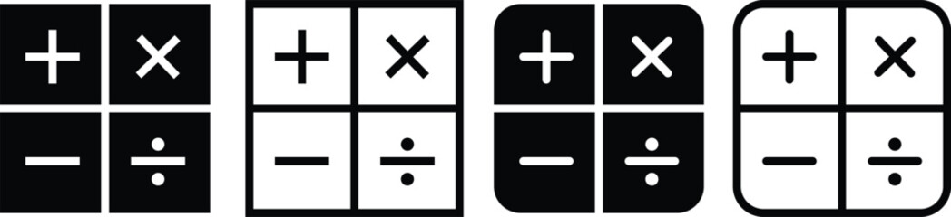 Mathematical symbols icon set for design. Easily editable flat line vector collection isolated on black and white. Calculator symbol for website and mobile app. Plus, minus sign.