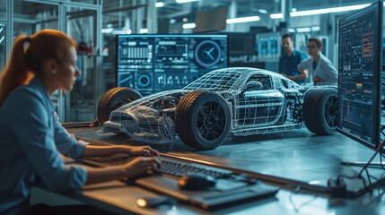 Woman automotive engineer examine the prototype car model placed on table in different shapes and colors of light. Using a digital touch screen tablet in a high tech car manufacturing company - obrazy, fototapety, plakaty