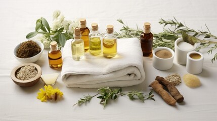  a table topped with bottles of different types of oils and spices next to a towel and a bowl of flowers.