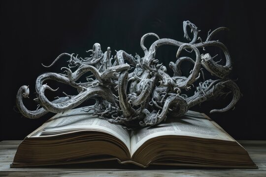 Old book with tentacles coming out of it on wooden table. Dark background. Toned. A surreal depiction of an open book with onomatopoeic words transforming into menacing creatures that crawl out