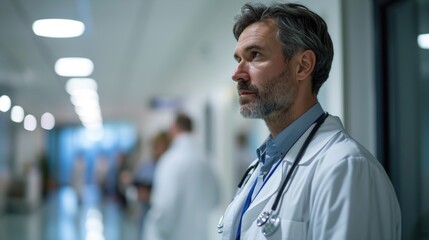 Fototapeta premium experienced doctor after a working day experienced doctor after a hard day's work in the corridor of the department ,generation of doctors,