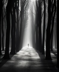  a black and white photo of a person walking in the middle of a road with trees on both sides of the road.