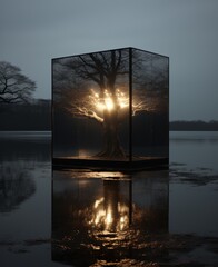  a reflection of a tree in a glass box on a reflective surface with a reflection of the sun behind it.