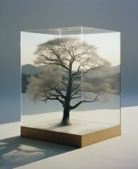  a glass box with a tree inside of it on a white surface with a shadow of a mountain in the background.