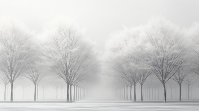  a black and white photo of a foggy park with trees in the foreground and a bench in the foreground.