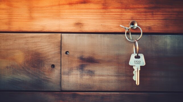  a set of keys hanging from a hook on a wooden wall with a wood grained wall in the background.