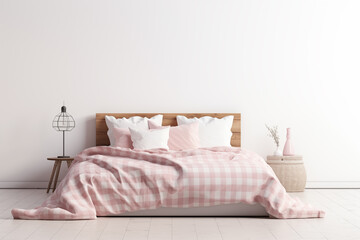 3D Rendering of Light, Cozy Interior with a bed, a pink blanket and a blank wall. Generative ai