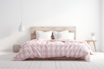 Bed and pillows. 3D Rendering of Light, Cozy Interior with a bed, a pink blanket and a blank wall. Generative ai