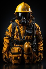 Firefighter in full hazmat gear against a dark background exuding readiness and protection