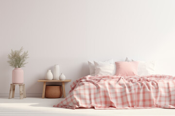 Fototapeta na wymiar Bed and pillows. 3D Rendering of Light, Cozy Interior with a bed, a pink blanket and a blank wall. Generative ai
