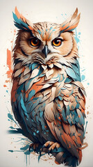 Front-facing owl, starring into the camera. Abstract retr0, pop art. cat art, wall art mural art...