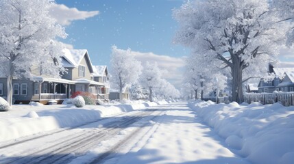  a winter scene of a snow covered street with houses and trees on either side of the street, and a train track running through the middle of the street.