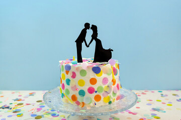 Bride and groom kissing wedding cake toppers on wedding cake