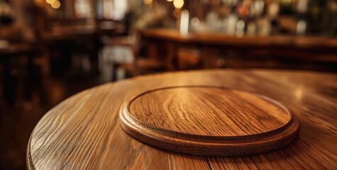 Obraz premium Empty round wooden board on table . Kitchen interior mock up for design and product display. Ready for display, Banner, for product montage