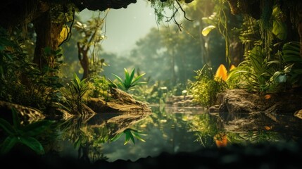 a pond in the middle of a forest filled with lots of green plants and a lush green forest filled with lots of trees.