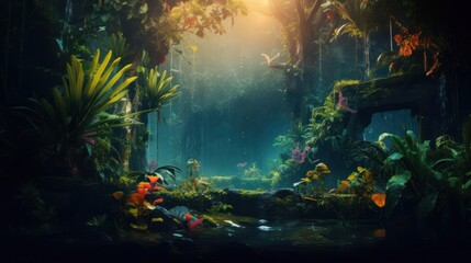  a digital painting of a jungle scene with a stream in the middle of the jungle and lots of plants and flowers.