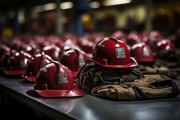 Red firefighter helmets and gear lined up on table in dimly lit station