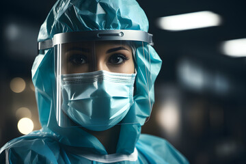 Doctor wearing PPE suit, face mask and face shield in the hospital with blur copy space for the text. Pandemic concept, medical treatment, medicine. Generative AI.