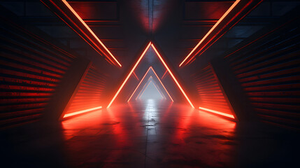 Cyber Triangle Neon Laser Glowing Dark Sci Fi Futuristic Led Red Orange Lights Tunnel Corridor Cement Concrete Spaceship Parking Underground