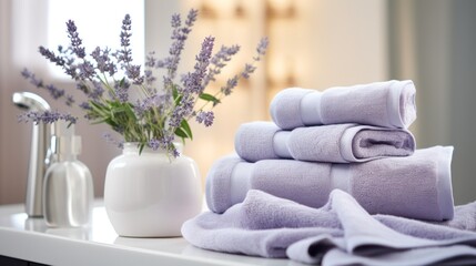  a stack of lavender towels sitting on top of a counter next to a vase with lavender flowers on top of it.