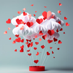 clouds with hearts raining down. isolate on white. origami style. Valentine's day