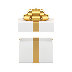 White open gift box with luxury golden bow ribbon holiday present 3d icon realistic vector