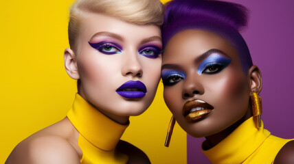 Two individuals, adorned in vibrant yellow and purple against a bold yellow backdrop,  to highlight the emotion conveyed through colour and form.