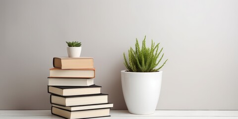 Minimalist interior with white toilet, stacked books, and flower pot.