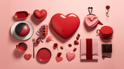  a valentine's day table setting with heart shaped plates, cups, napkins, and utensils.